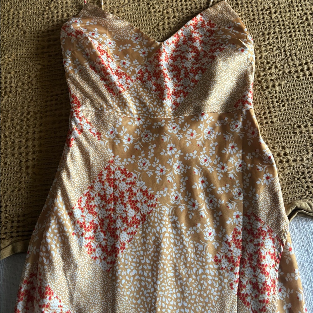 Hello Molly Floral Patchwork Midi Dress - Tan and Red